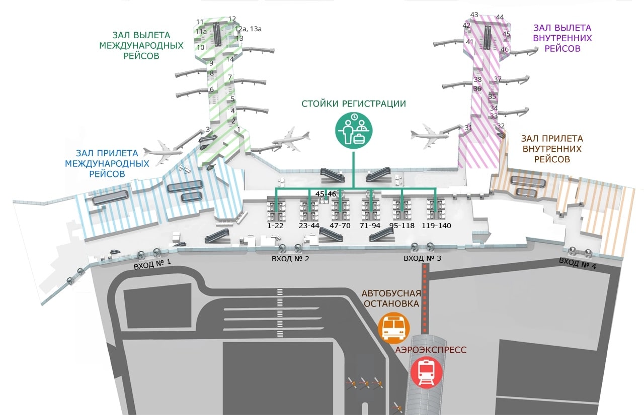 схема аэропорта Домодедово,зоны парковок,терминалы с входами и выходами